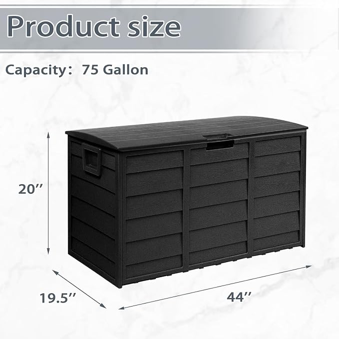 SUNCROWN 75 Gallon Deck Storage Box Resin Outdoor Storage Container with Handles for Patio Garden Yard Porch Poolside, Black