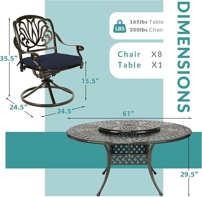 MEETWARM 9-Piece Outdoor Patio Dining Set, All-Weather Cast Aluminum Patio Conversation Set- 8 Cushioned Swivel Rocker, 61" Round Patio Dining Table w/Detachable Lazy Susan/Umbrella Hole, Navy Blue