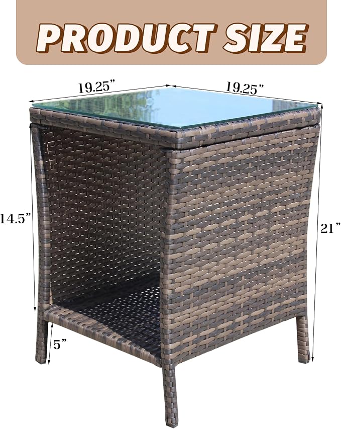 Outdoor Rattan Patio Side Tables, Wicker Table with Clear Tempered Glass Top, Patio End Tables with Storage Shelf, Outdoor Small Tables for Patio,Porch,Balcony,Backyard (Brown, 19.25 Inch)
