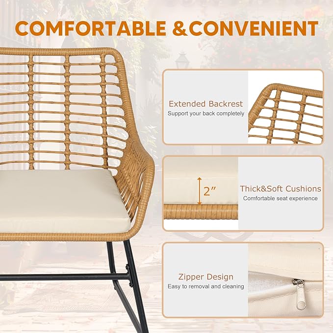 4 Piece Outdoor Wicker Patio Conversation Bistro Set, Rattan Patio Furniture Set with Table and Cushions, Conversation Loveseat Chairs for Backyard, Balcony, Beige