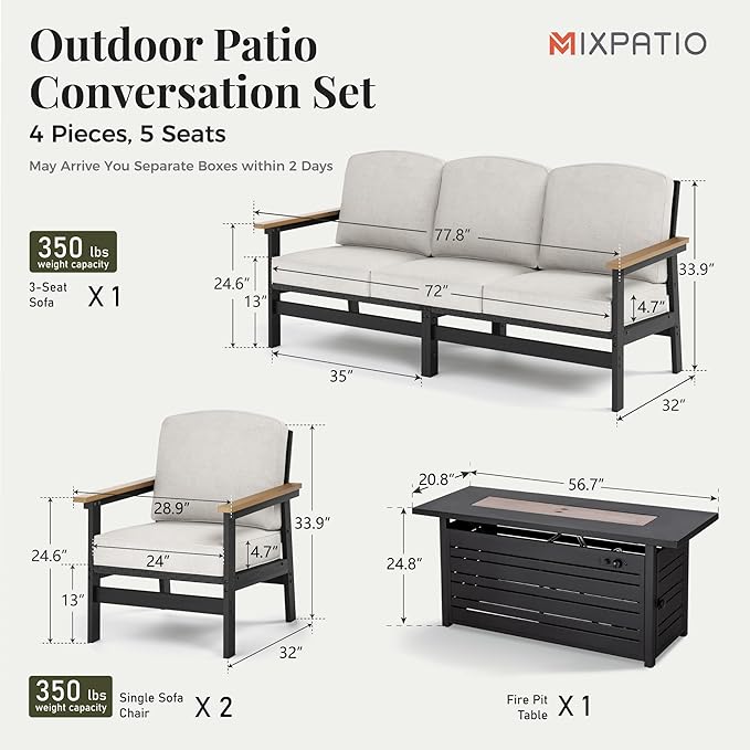 4-Piece HDPE Outdoor Patio Conversation Set, Wicker Patio Conversation Furniture Set with Fire Pit, Patio Sectional Furniture Sets with Thick Cushions for Backyard, Deck, Garden - Black
