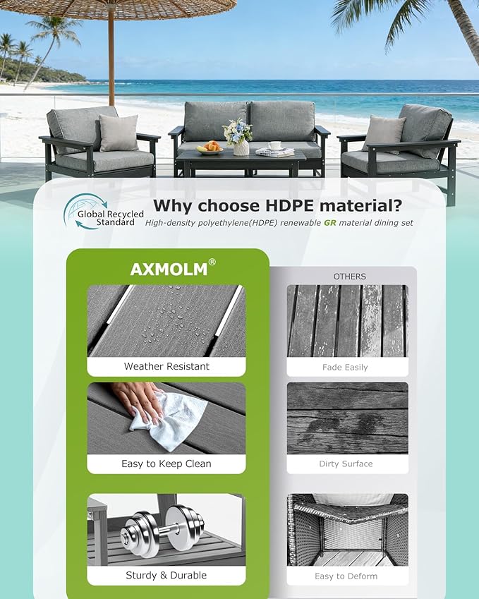 HDPE Outdoor Patio Furniture Set with Cushions, X Piece Patio Conversation Set Sofa Set, All Weather Outdoor Couch Set (Grey Frame/Grey Cushion, 8-Piece Set w/1+3+1+1+Coffee & Side Table)