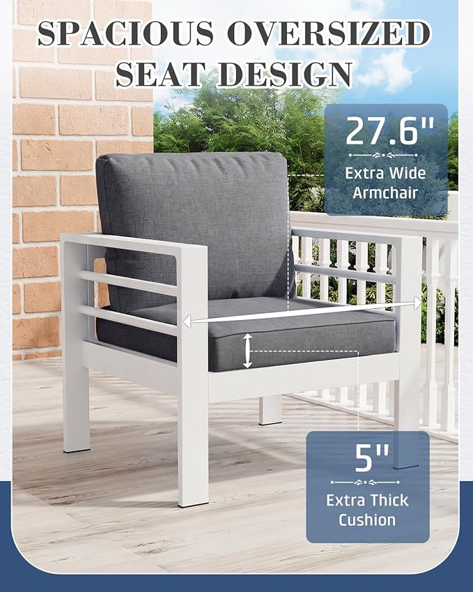 AECOJOY Aluminum Patio Furniture Set, 9 Seats Modern Outdoor Furniture with Coffee Table, 7 Pieces Metal Conversation Sectional Sofa, White Frame/Dark Gray Cushion