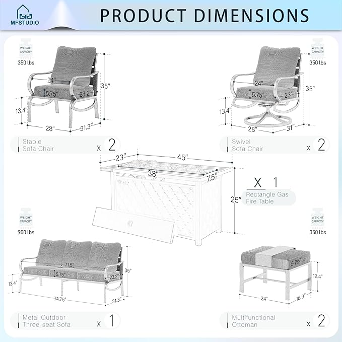MFSTUDIO Patio Furniture Sets with 45" Gas Fire Pit Table, 8 Pieces Outdoor Metal Conversation Set with 1 x 3-Seat Sofa, 2 Single Chairs, 2 Swivel Chairs and 2 Ottomans, Peacock Blue Cushion