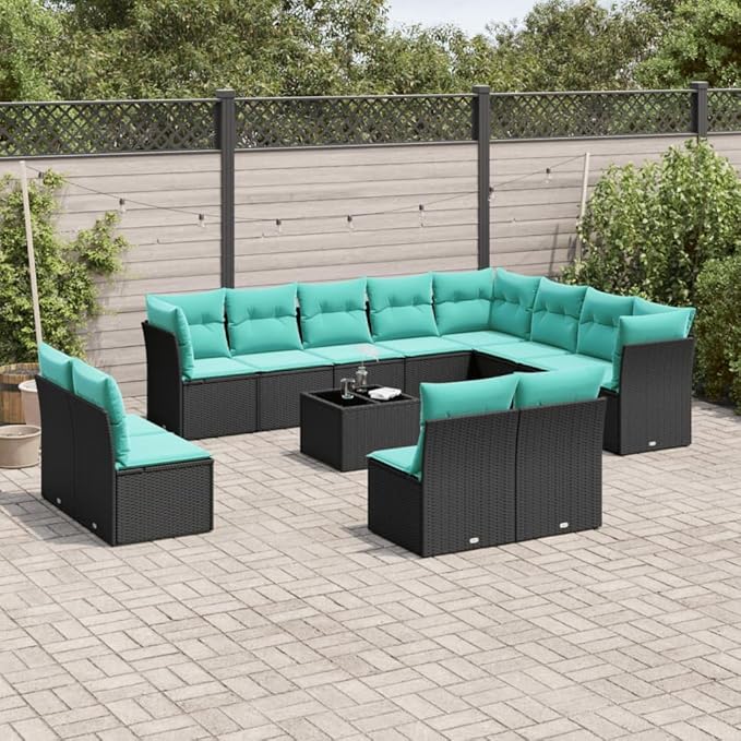 vidaXL Patio Sofa Set with Cushions 13 Piece, Sectional Sofa with Glass Table, Outdoor Conversation Set, Modern Style, Black Poly Rattan