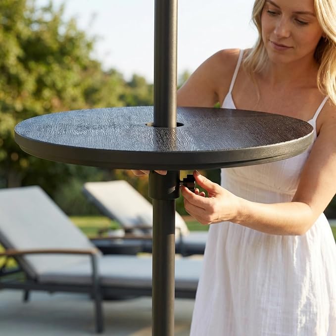 Outdoor Patio Umbrella Side Table, Round Weather-Resistant End Table with Umbrella Hole, Wood Grain Finish for Patio, Deck, Poolside, Black