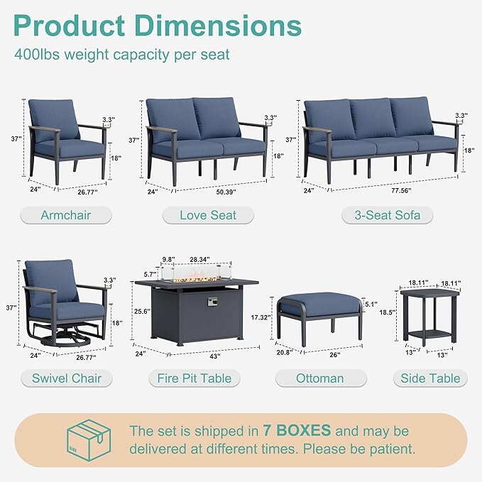 11-Seat Outdoor Patio Furniture Set with Rocking Swivel Chair, Aluminum Sectional Sofa with Ottomans Patio Conversation Set with 55,000 BTU Fire Pit Table & High Backrest, Navy Blue