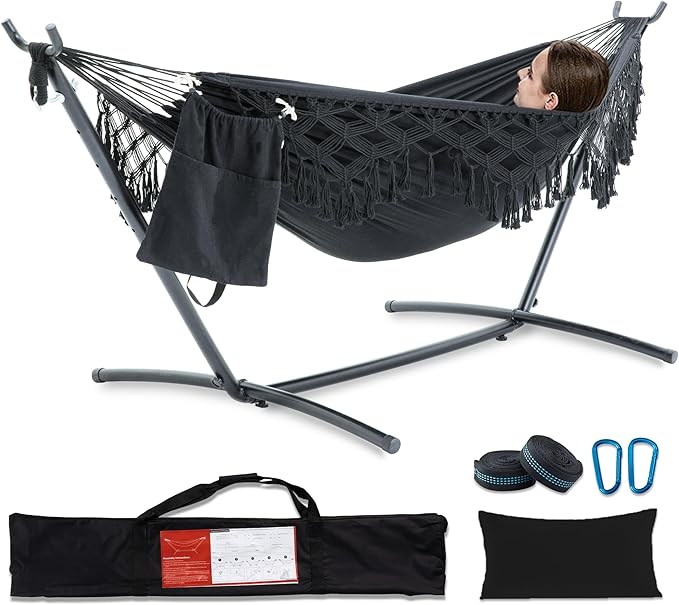 PNAEUT Handmade Tassel Hammocks, Double Hammock with Stand for Outside Indoor Outdoor, Max 450 lbs Capacity, Pillow & Storage Bag Included (Black)