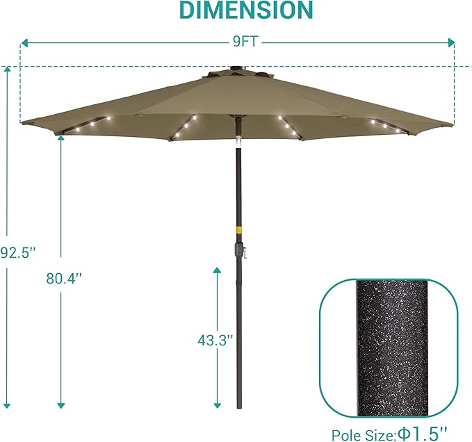 9ft Patio Umbrella Outdoor with Solar Lights,32 LED Lighted Table Market Umbrella with Tilt and Crank, 2-Year-Non-Fading, 8 Sturdy Ribs,for Pool, Deck, Garden,Backyard
