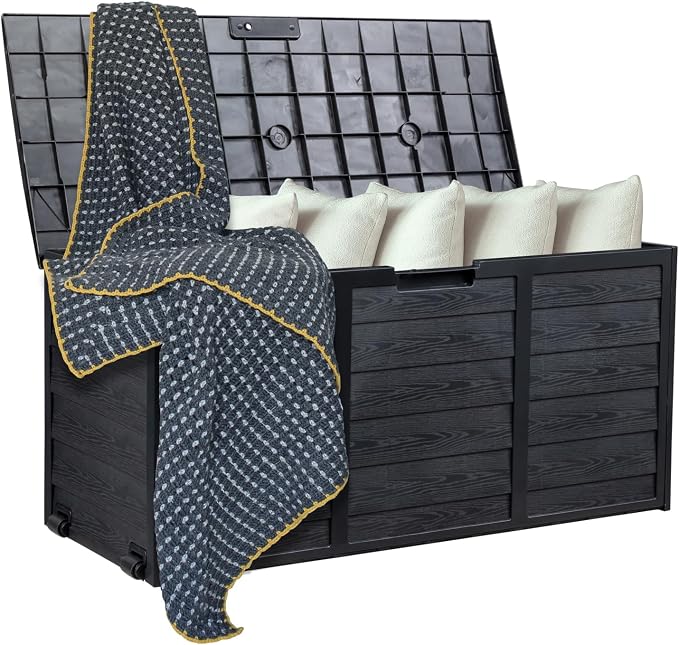VINGLI 75 Gallon Outdoor Storage Box, Patio Deck Box Furniture with Lockable Design, Plastic Storage Containers with Lid for Garden | Pool | Balcony | Yard (Full Black)