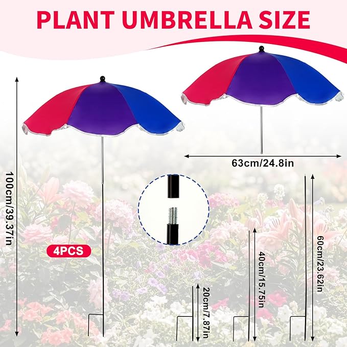 4 Pack Plant Umbrellas for Outdoor Plants 25" Larger Garden Umbrella Sun Shade with Adjustable Angle 40" Higher Sun Protection Cover Shade for Plants, Potted Flower,Garden Bed