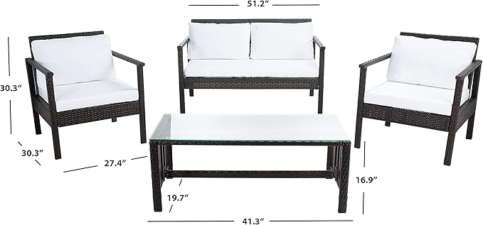Safavieh Outdoor Collection Garnen Wicker Cushion 4-Piece Living Set PAT7714C, Brown/White