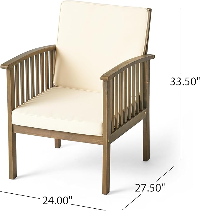 Christopher Knight Home Kiin 3 Pieces Outdoor Patio Furniture Set, Acacia Wood Patio Conversation Set, Side Table and Club Chairs with Cushion for Garden Backyard Balcony, Cream + Gray