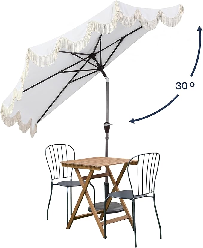 JONATHAN Y Beverly 9 ft. Coastal Cream and White Striped Half Patio Umbrella with Scalloped Fringe, Crank Lift, and Manual Tilt for Balcony, Dark Brown Pole UMB1201D