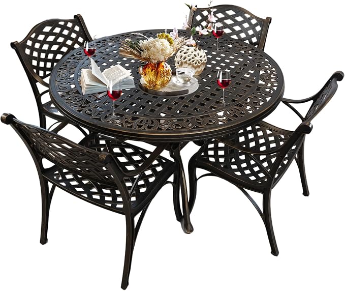 Patio Dinning Set Weather Resistant Cast Aluminum Patio Furniture Set with Umbrella Hole, Bistro Dining Set for Garden (48" x 48" Table B and 4 Chairs Bronze, 5 Pieces)