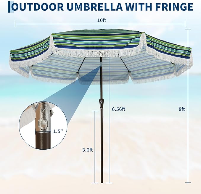 Garvee 10FT Fringe Patio Umbrella with Crank Handle, Push Button Tilt for Sun Shade, 8 Fiberglass Ribs,1.5"D Premium Steel Pole, Outdoor Large Tassel Umbrella for Patio Beach Pool Backyard,10' Stripe