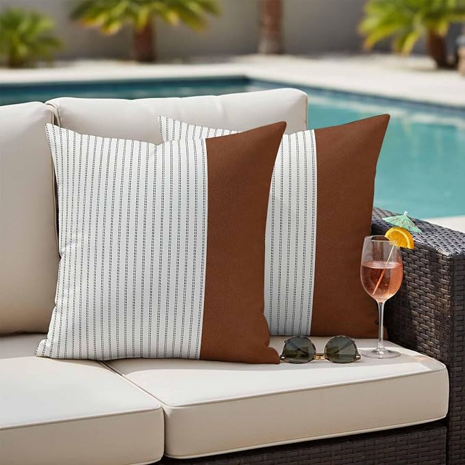 Boho Brown Leather Texture Outdoor Pillow Covers 18x18 Inch Throw Pillow Covers Set of 2 Waterproof Decorative Pillow Cases Modern Black Striped Cushion Covers for Patio Furniture Garden Couch Sofa
