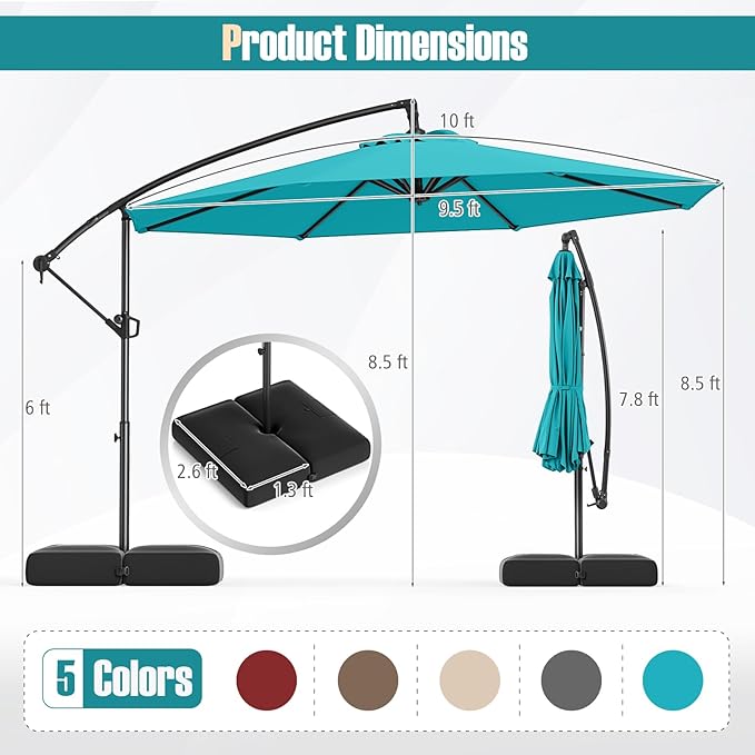 Tangkula 10ft Patio Umbrella with Base Included, Offset Cantilever Outdoor Umbrella with Infinite Tilt, 360 Degree Rotation, Crank Handle, Sun-Protective Canopy for Pool Deck Garden Backyard (Turquoise)