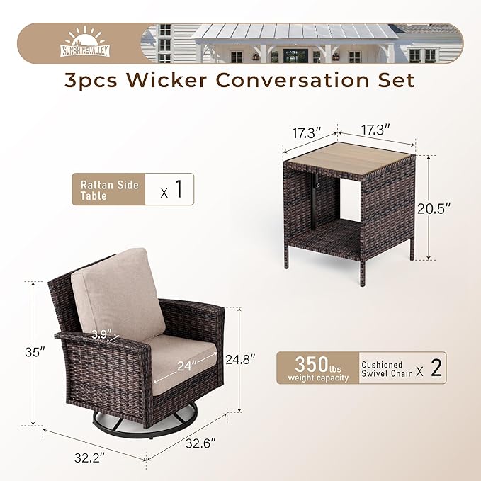 Patio Wicker Swivel Chairs Set of 2, Outdoor High Back Chairs with 5.5" Waterproof Cushions and Side Table, Outdoor Furniture Set for Deck Porch and Yard, Beige