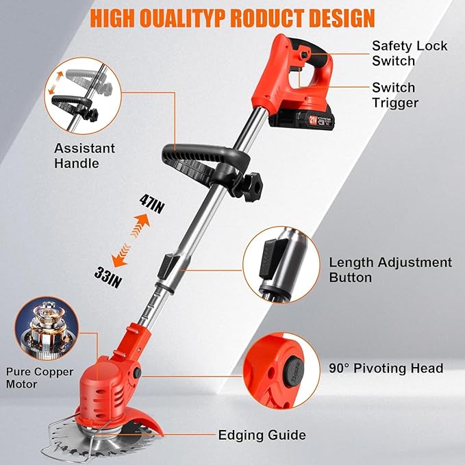 Electric Weed Wacker Cordless, 21V Lightweight Weed Wacker Battery Powered Brush Cutter, 3-in-1 Grass Trimmer/StringlessWeed Trimmer/Edger with Wheels&3Types Blades for Lawn, Garden & Yard