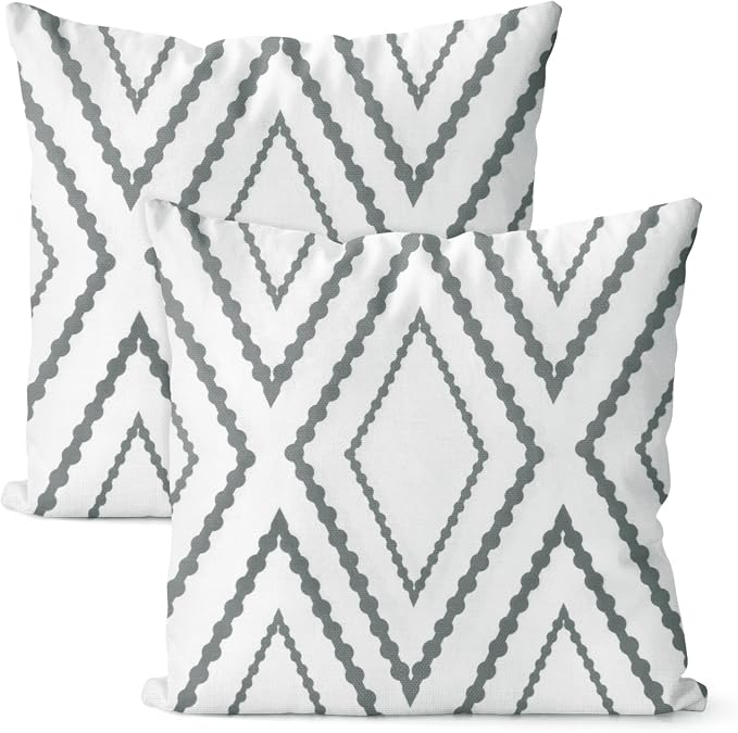 M METERXITY 2Pcs Boho Pillow Cover 20x20 Linen White Gray Stripe | Water Resistant Boho Geometric Slipcover, for Patio, Balcony, Garden, Decor Pillow Case