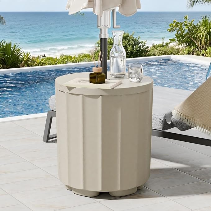 Umbrella Side Table, Outdoor Sturdy 2-in-1 Umbrella Base & Side Table, Wind-Resistant with Leak-Proof Water Bladder, Patio in Pool Umbrella Stand, No Rust Stains, Easy Assembly, Beige