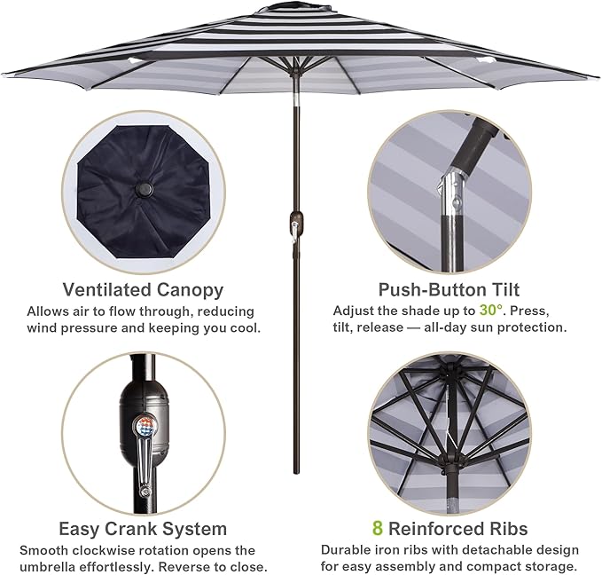 Blissun 10FT Outdoor Patio Umbrella, Outdoor Table Umbrella, Yard Umbrella, Market Umbrella with 8 Sturdy Ribs, Push Button Tilt and Crank