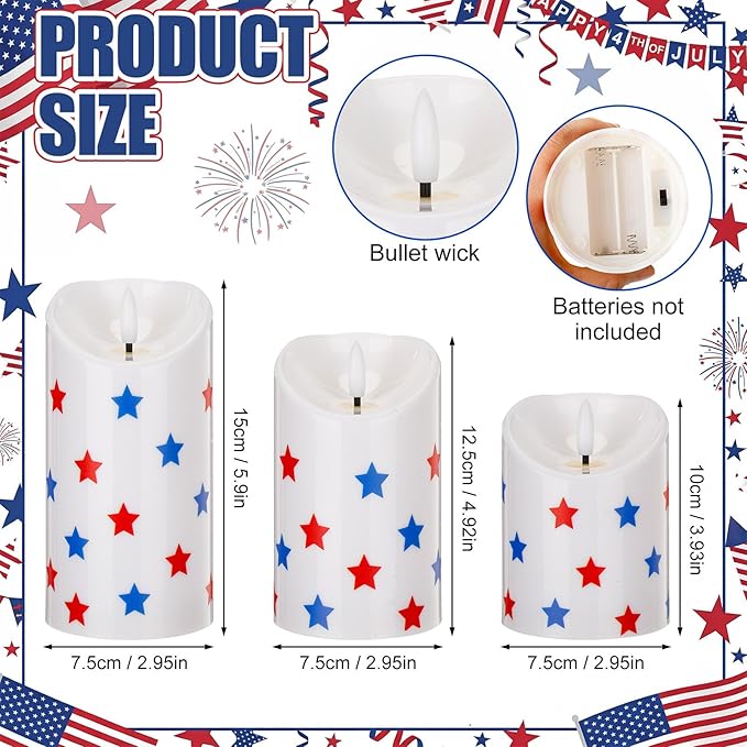 Tuanse Set of 3 4th of July Flameless Candles Battery Operated Patriotic Red & Blue Pentagram Pillar Candles, Mixed Size LED Light Candle for 250th Anniversary Independence Memorial Day Table Decor