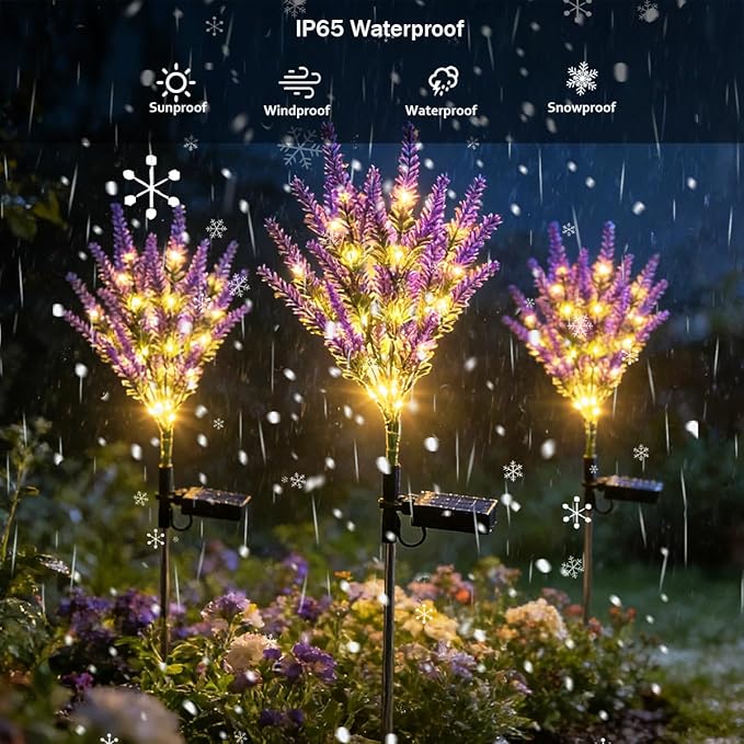 Solar Lavender Flowers Lights, 2 Pack Warm White Outdoor Waterproof Artificial Flower Garden Décor for Yard Pathway Patio Lawn, Mothers Day Gift, Fathers Day Halloween Gifts(56-Light LED)