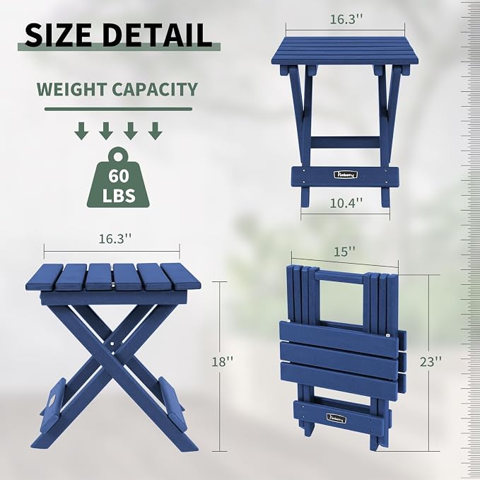 FUNBERRY Outdoor Folding Adirondack Side Table, Patio End Table | No Assembly, Portable, HDPE All Weather, No Rot, No Rust, No Crack, Save Space, Easy-Clean for Indoor or Outdoor