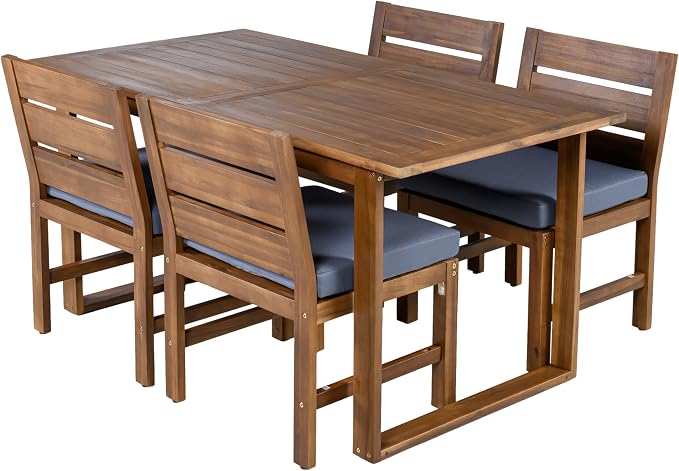 Merax 5-Piece Patio Dining Set for 4, Acacia Wood Farmhouse Outdoor Furniture Set with Removable Cushions and Adjustable Feet, Rustic Garden Dining Set for Backyard, Poolside, Brown + Gray