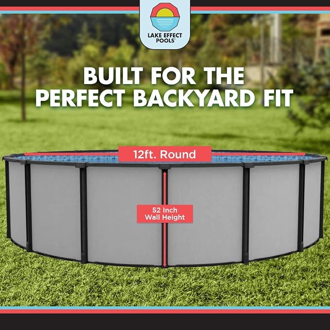 Lake Effect Pools 'Fiji' 12 ft Round Above Ground Swimming Pool | 52 Inch Resin Protected Steel Sided Walls | Bundle Includes: 25 Gauge Unibead Liner & Widemouth Skimmer
