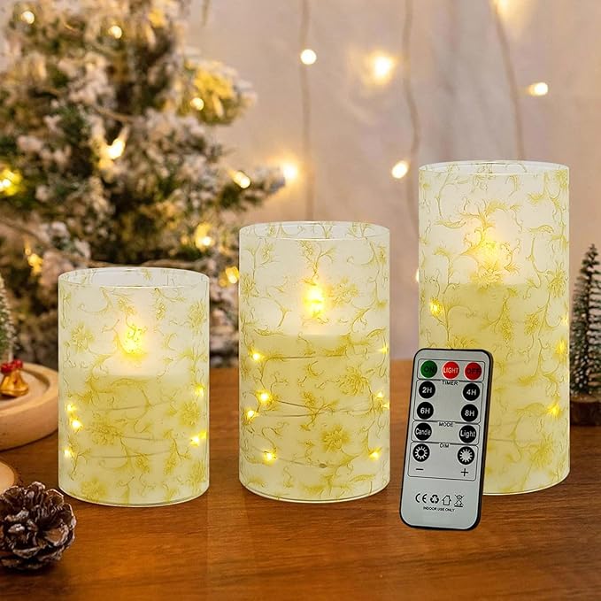 Flickering Flameless Candles, Recessed String Light LED Candles 3D Wick Acrylic Battery Operated LED Pillar Candles with Remote and Timer for Modern Simple Home Decor Set of 3(Gold Flower)