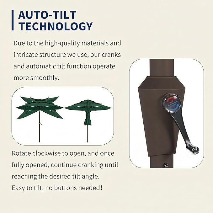 10FT Patio Umbrella 3 Tiers Outdoor Market Umbrella w/Push Button Tilt, Crank, UV and Waterproof Table Umbrella for Garden, Pool, Backyard, Deck, Lawn, Forest Green