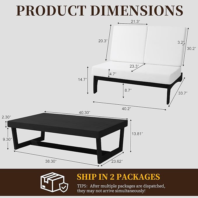 UIXE 2 Pieces All Weather Wood Patio Furniture Sets, Patio Loveseat Outdoor Sofa with Solid Wooden Coffee Table, Black Teak - Beige
