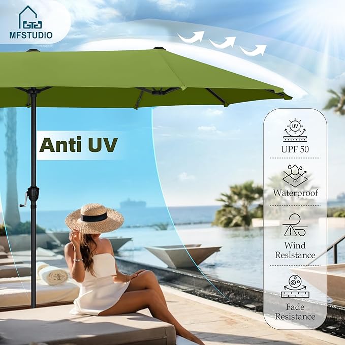 MFSTUDIO 13ft Outdoor Patio Umbrella, Double Sided Large Rectangular Umbrella Market Table Twin Triple Rectangle Umbrellas with Crank Handle for Outside Picnic Backyard Deck Pool (no base)