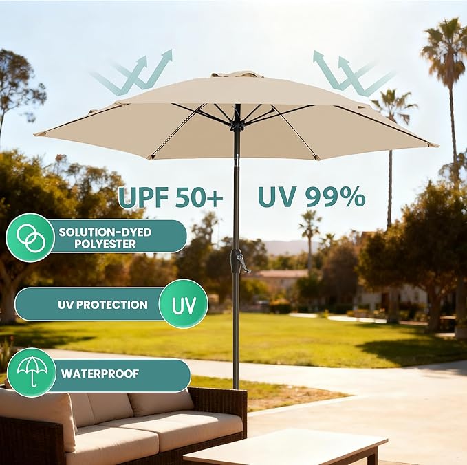 7.5FT Large Outdoor Patio Umbrella with Crank & Tilt - Durable Market Umbrella for Outdoor Patio with 6 Fiberglass Ribs for Poolside,Deck,Yard,Garden