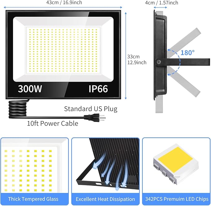 ISUERFY 300W LED Flood Light Outdoor with Plug, 36000LM Ultra Brighter Security Light, IP66 Waterproof Exterior Plug in Floodlight, 5000K Daylight White for Lawn Yard Garden Stadium(2 Pack)