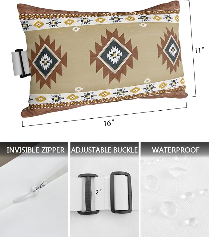 Outdoor Pillows Covers with Inserts Southwest Geometric Bohemian Tribal Style Khaki Waterproof Pillow with Adjustable Strap Throw Pillows for Patio Furniture Recliner Lounge Chair, 11x16 inch, 1PCS