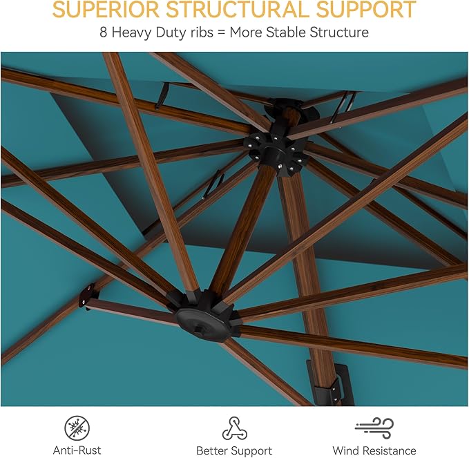 10x13 FT Wood Pattern Patio Umbrella, Large Deluxe Cantilever Rectangular Double Top Heavy Duty Offset Umbrellas with 360° Rotation, Outdoor shade for Garden Deck Pool Patio, Turquoise