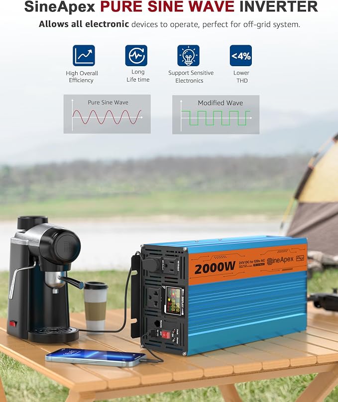 2000 Watt Inverter Pure Sine Wave DC 24V to AC 120V Power Inverters, Car Inverter Solar Power Inverters for Vehicles Home with LCD Display and 2.4A USB Charging Ports,with 3 AC Charger Outlets