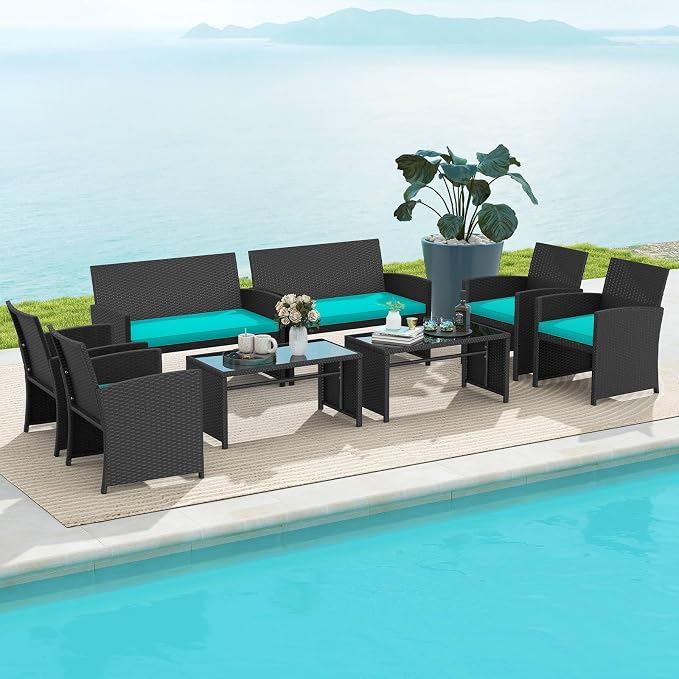 RELAX4LIFE 8-Piece Patio Furniture Set - Wicker Rattan Outdoor Sectional Sofa Set w/Glass Coffee Table, Loveseat, Chairs & Soft Cushions, Bistro Conversation for Garden Porch (2, Black-Turquoise)