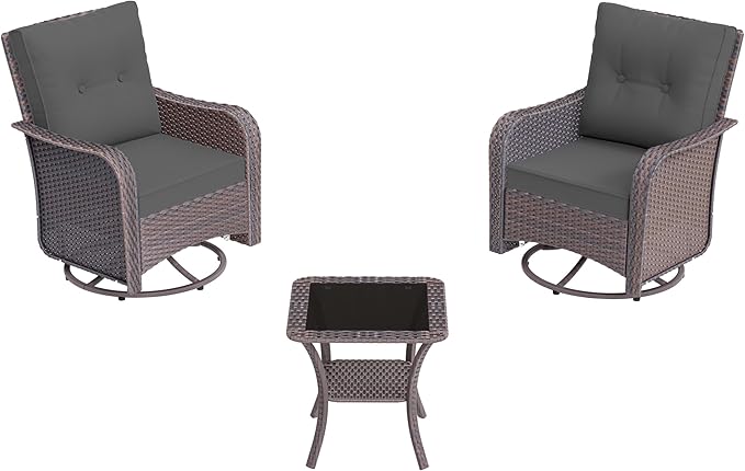 3 Piece Wicker Swivel Rocking Chair Set, Outdoor Patio Glider Chair with Glass Top Coffee Table, Conversation Furniture Set Suitable for Patio, Lawn, Outdoor, Back Garden(Grey)