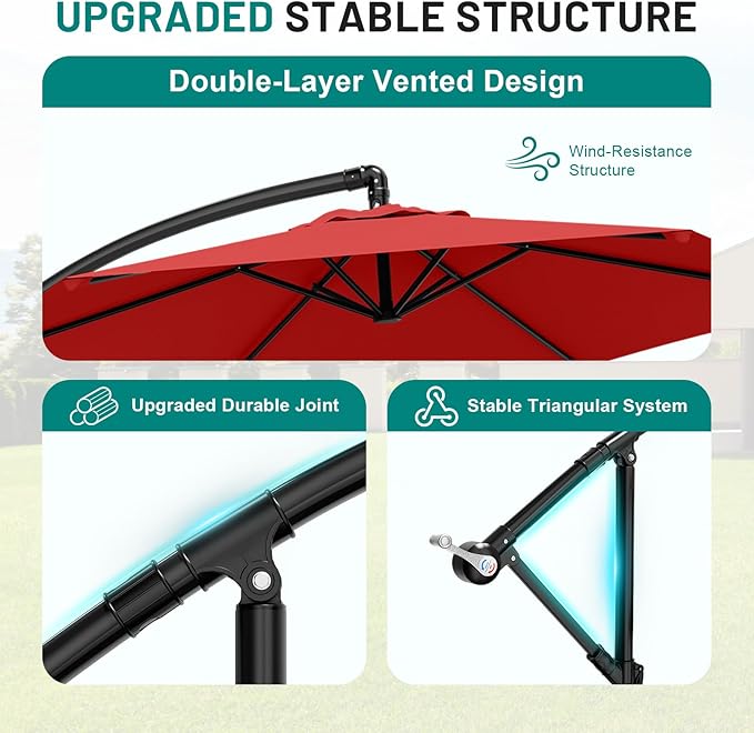 AreShark 10FT Patio Outdoor Umbrella, Offset Patio Umbrella Cantilever Umbrella, 6 Sturdy Ribs, Easy Adjustment for Garden Market Pool with Cross Base (Red)