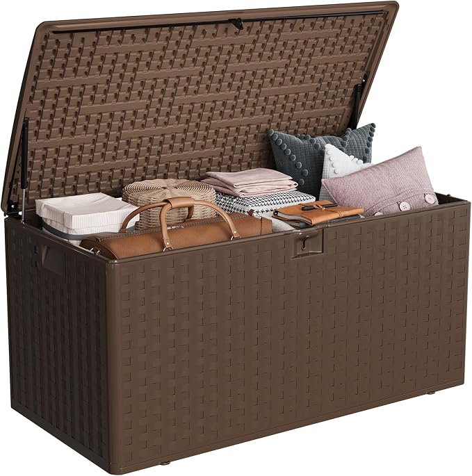 Jojoka Brown Resin Outdoor Storage Box, Waterproof Lockable Patio Deck Box, Large Capacity Outside Container for Package Delivery, Furniture Cushions, Garden Tools and Pool Accessories