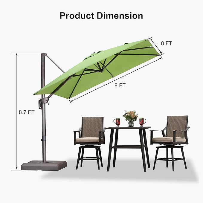 PURPLE LEAF 8' X 8' Cantilever Patio Umbrella with Base Included Antique Bronze Square Umbrella with 360° Rotation and Aluminum Offset Hanging Outdoor Umbrella for Pool Garden Backyard Deck, Green