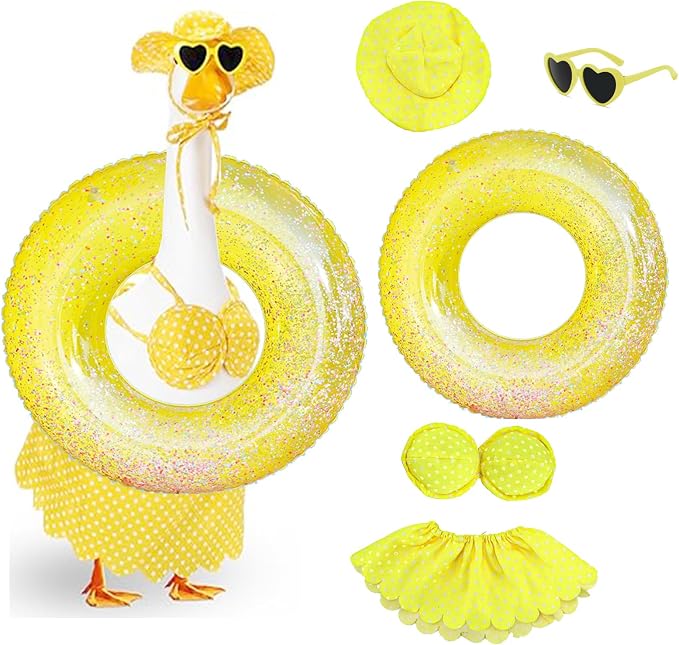 Porch Goose Summer Outfit, Yellow, 23'' Lawn Statue | Bikini Hawaiian Outfit, Hat & Sunglasses Included, Swimming Ring Included, For Cement or Plastic Goose