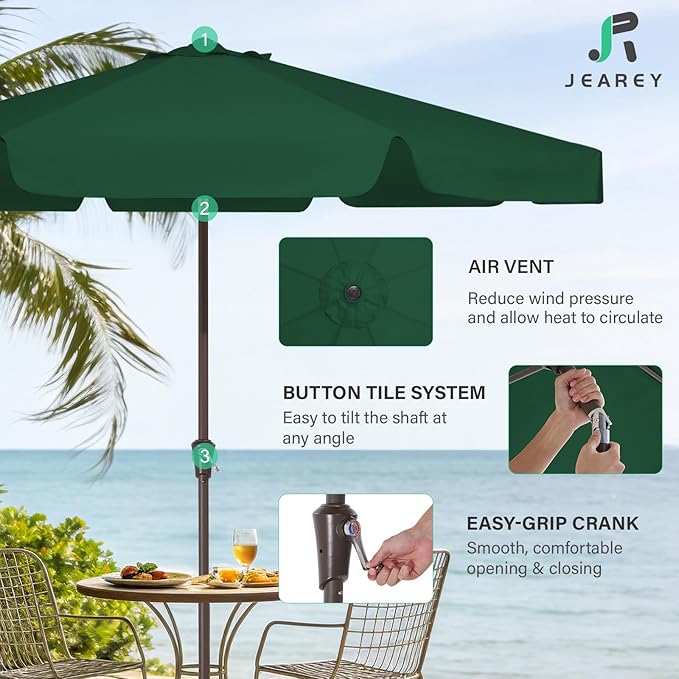 JEAREY 9 FT Patio Umbrella Outdoor, Table Umbrellas Market Umbrella w/Push Button Tilt/Crank, 8 Sturdy Ribs(Dark Green)
