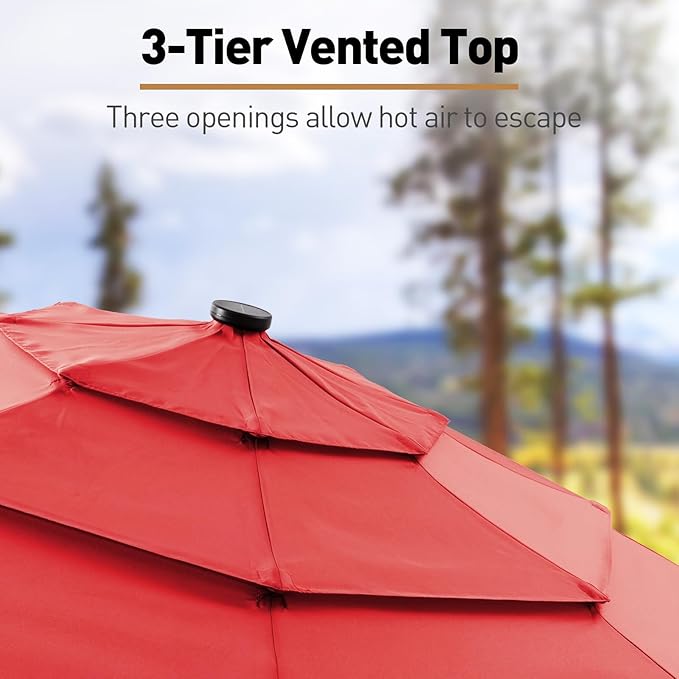 COSIEST 9FT 3 Tiers Patio Umbrella with Solar Lights, LED Outdoor Umbrellas with 8 Sturdy Ribs, Market Patio Table Umbrella with Push Button Tilt, Pool Umbrellas for Garden, Pool, Backyard