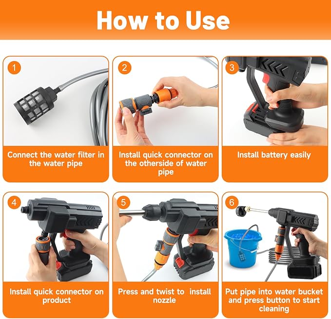 Portable Cordless Cleaning Kit,Handheld Car Cleaner Machine with 6-in-1 Nozzle,16.4FT High-Elastic Hose,Foam Pot,Water Spray Gun for Car,Garden,Floor,Home,Outdoor Cleaning